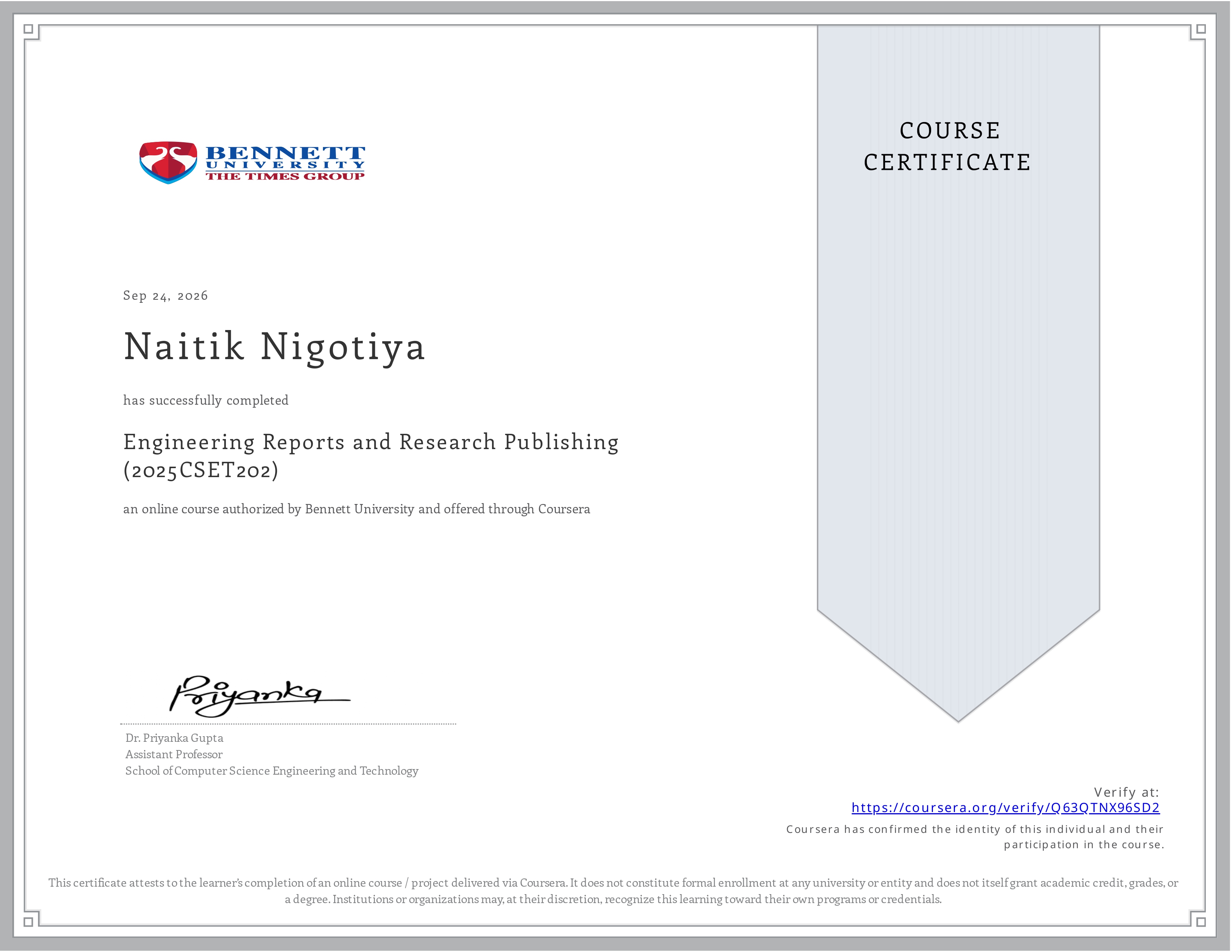 Engineering Reports and Research Publishing Certificate
